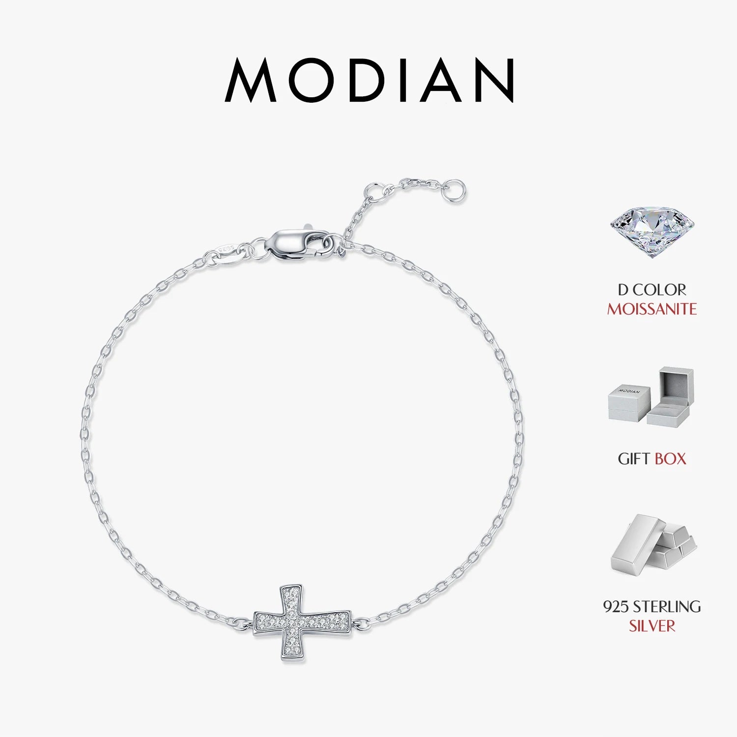 MODIAN D Color VVS1 Sparkling Moissanite 925 Sterling Silver Classic Simple Cross Link Chain Bracelet For Women OL Fine Jewelry