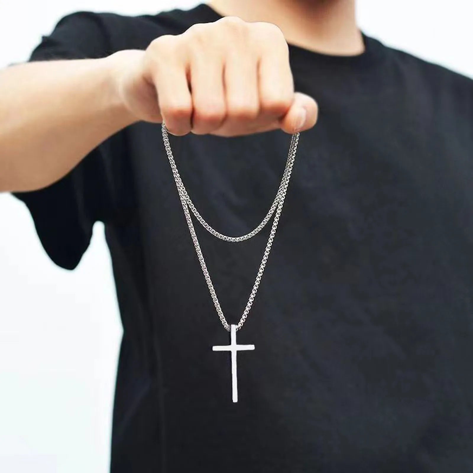Vnox Cross Necklace for Men Women, Silver Color Plain Cross Pendant Collar with Stainless Steel Box Chain - Madeinsea©