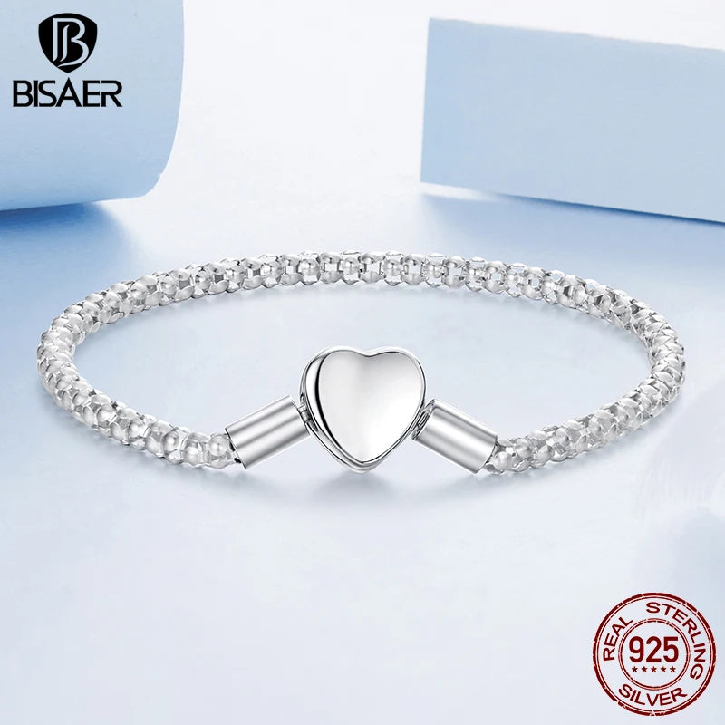 BISAER Real 925 Sterling Silver Heart Basic Bracelet Love Starry Bracelets for Women Charms Beads DIY Fine Jewelry EFB209