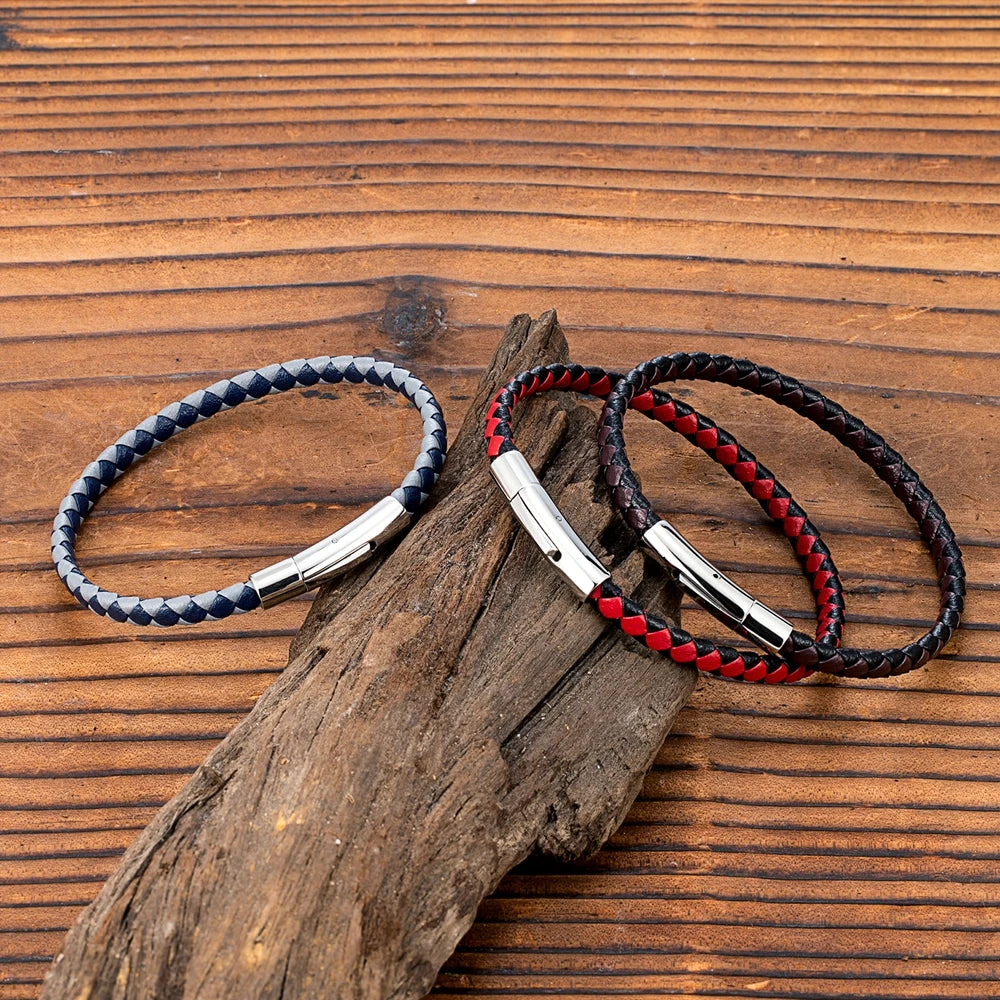 MKENDN Bracelet en cuir tressé noir bleu de style simple Bracelet en acier inoxydable avec boucle magnétique Bijoux pour hommes femmes Couple Cadeau