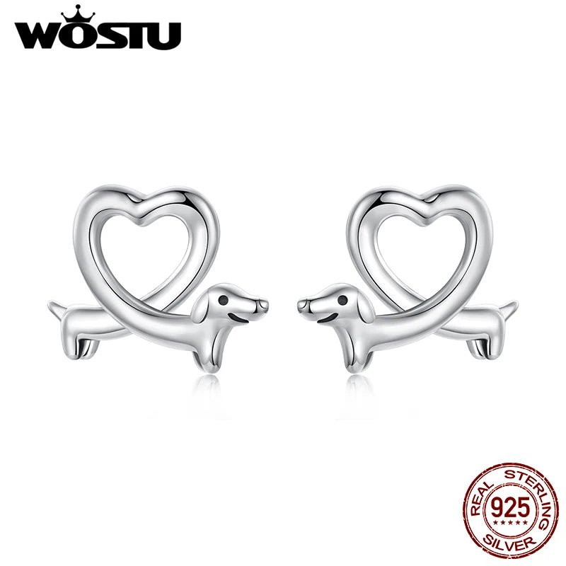WOSTU 925 Sterling Silver Dachshund Heart Stud Earrings For Pet Lover, Unique Girl Birthday Gift S925 Animal Dog Ear Studs