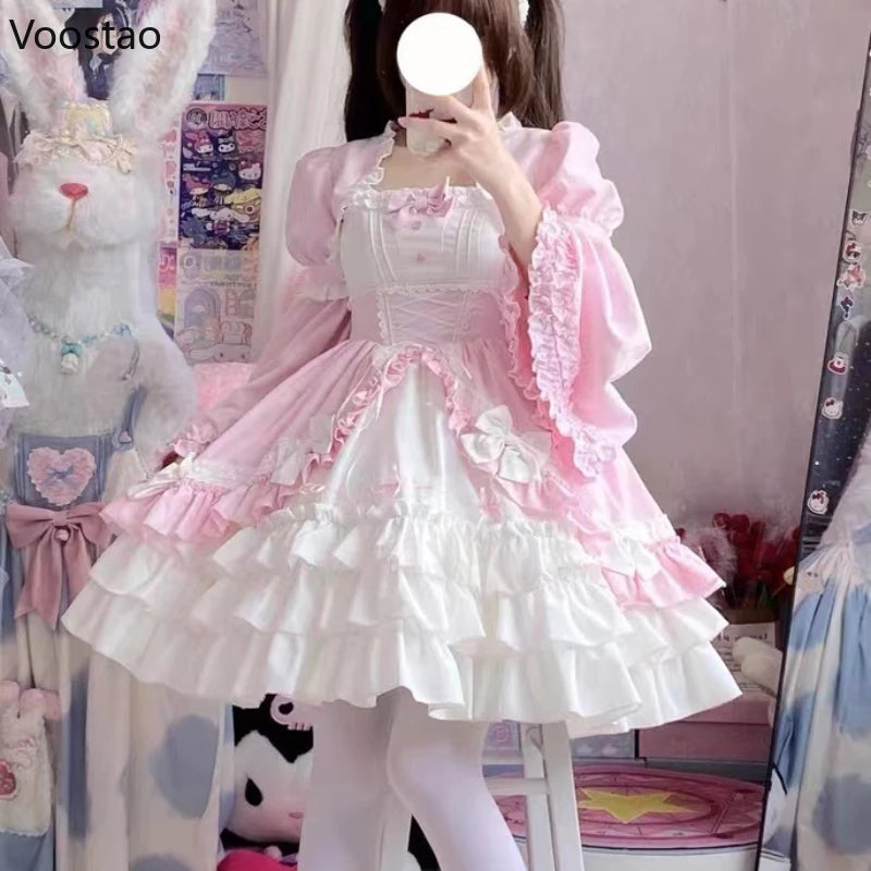 Victorian Vintage Lolita Dress Women Gothic Y2k Puff Short Sleeve Laminated Flounces Mini Dresses Bow Ruffles Princess Vestidos - Madeinsea©
