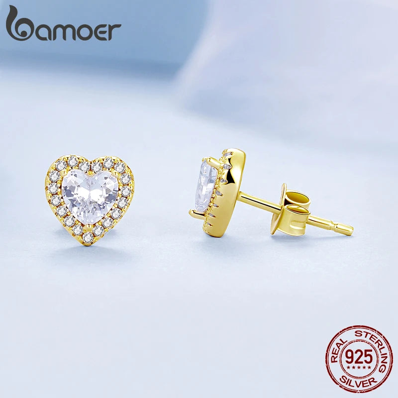 BAMOER 18K Gold Heart CZ Stud Earrings 925 Sterling Silver Hypoallergenic Classic Halo Earrings Circle Setting Women Dating Gift