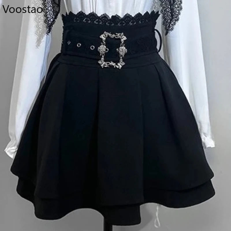 Y2k Aesthetic Lolita Skirt Set Japanese Gothic Bow Lace Off Shoulder Long Sleeve Shirt Mini Skirts Suit Harajuku Sweet Outfits