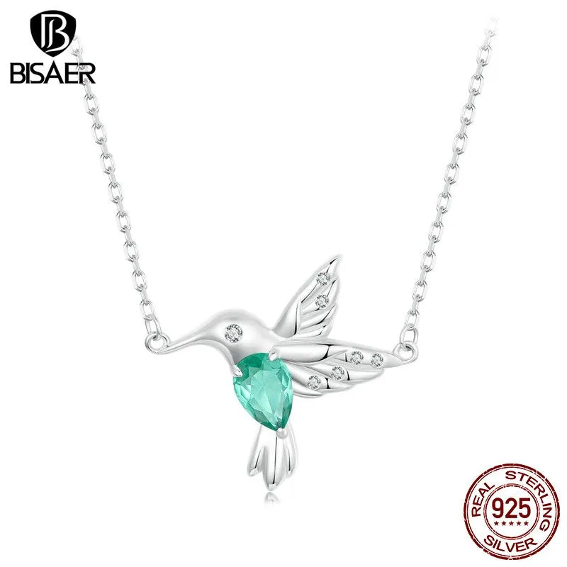 BISAER 100% 925 Sterling Silver Hummingbird Pendant Necklaces Adjustable Chain Plated White Gold for Women Party Fine Jewelry