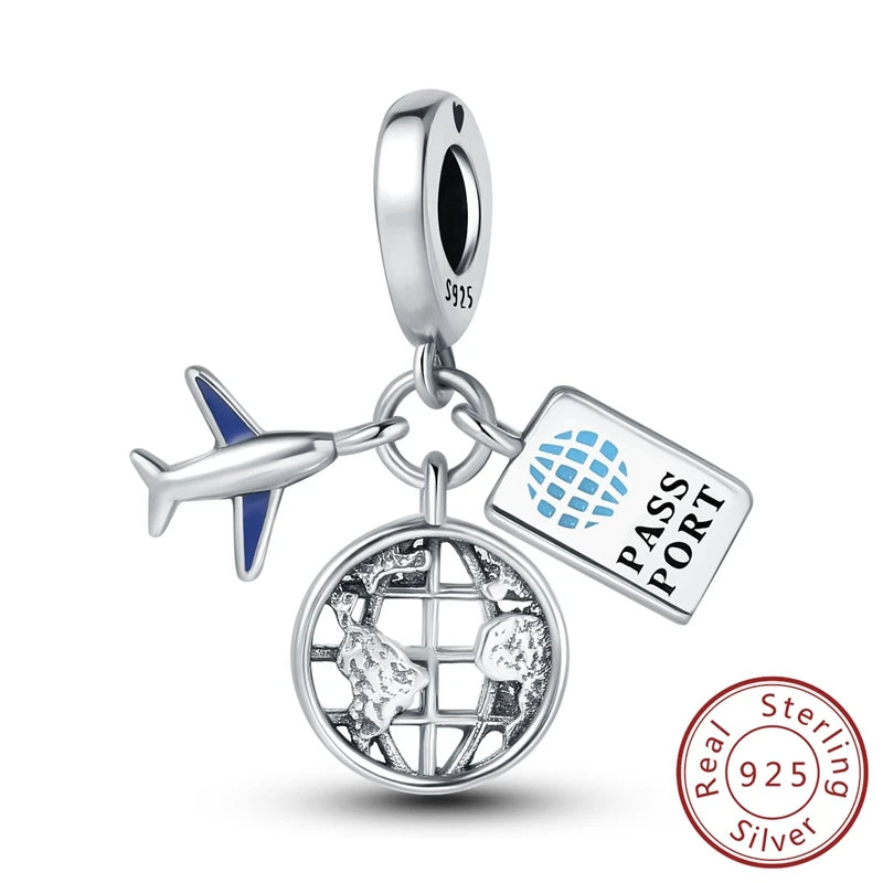 Original Charms Pendant Real S925 Sterling Silver Travel Luggage Airplane Charms Beads for Women Fine Jewelry Gift Making