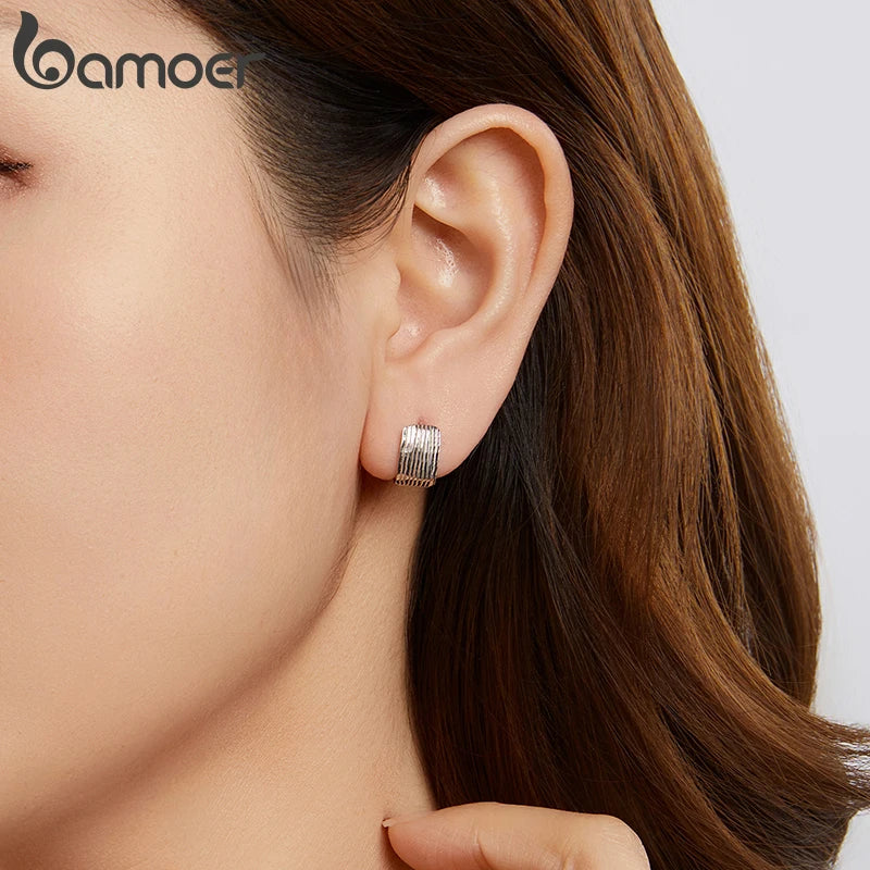 BAMOER Solid 925 Sterling Silver Small Chunky Thick Hoop Earrings for Women Girls, White Gold Plated Hoops Huggie Earrings
