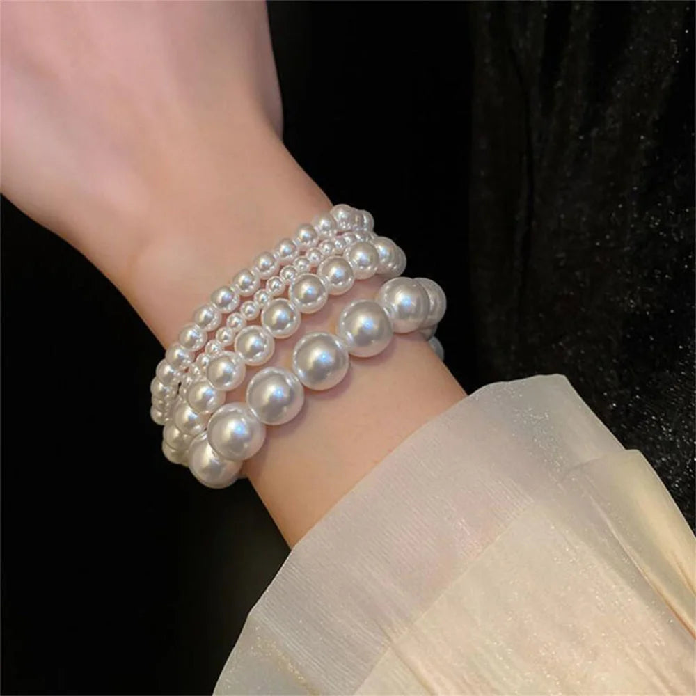 Simple Retro Imitation Pearls Bracelet For Women Stretch Acrylic Bead Men Bracelet Fashion Party Jewelry Pearl Wristband Gift