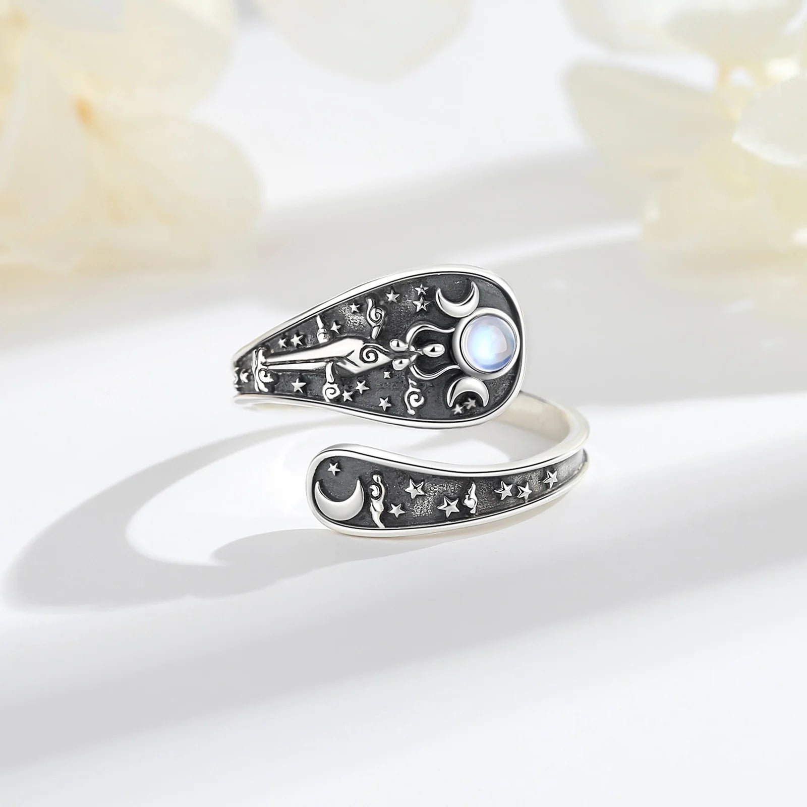 Eudora 925 Sterling Silver Triple Moon Goddes Adjustable Ring Moonstone Hecate Amulet Spoon Ring Vintage Jewelry Gift for Women