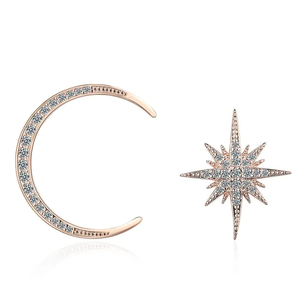 Real 925 Sterling Silver Zircon Moon Star Stud 14K Gold Earrings For Women Asymmetry Cute Fine Jewelry Drop shipping