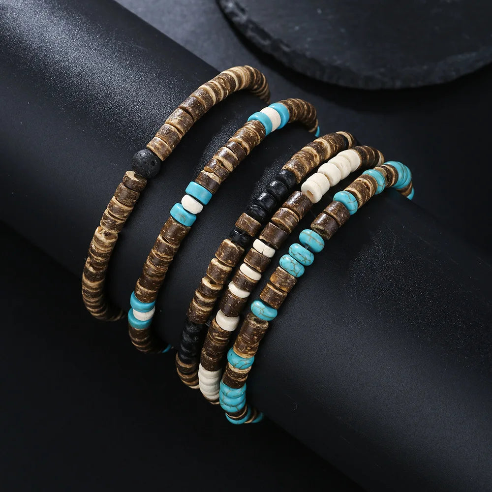 Coconut Wood Beaded Bracelet Eiastic Turquoise Stone Bead Bracelets for Men and Women Handmade Stacking Wooden Stretch Bracelets