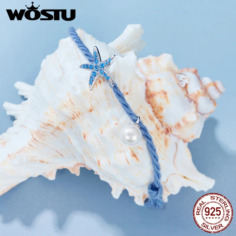 WOSTU 925 Sterling Silver Fashion Blue Starfish Pearl Bracelet Adjustable Braided Rope Bracelets Women Fine Ocean Jewelry Gift