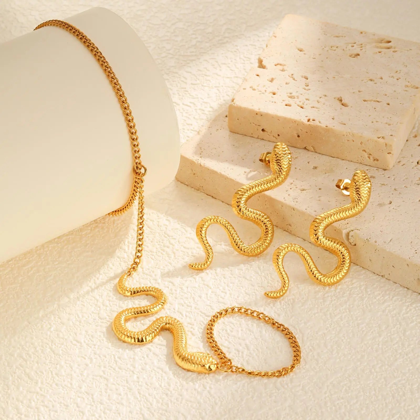 Bracelet Vnox en forme de serpent pour femme, ensemble bracelet et boucles d'oreilles tendance en acier inoxydable, bijou à breloques style gothique exagéré