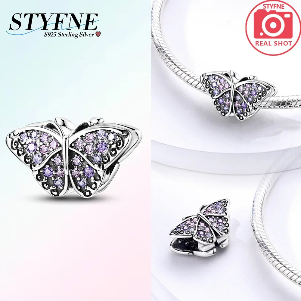Charms 925 Silver Butterfly Series Zircon Colorful Butterfly Beaded Pendant Fit Original Bracelet DIY Jewelry Making for Women