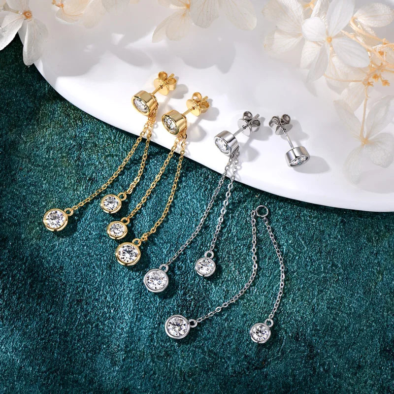 OXTAO Long Tassel Double Chain Earrings 925 Sterling Silver Round Cut Bezel Set D Color Moissanite Drop Earrings Jewelry Gift