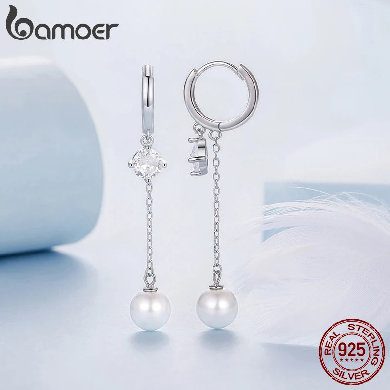 BAMOER 925 Sterling Silber Ohrringe mit gestaffelten Zirkonia-Quasten und runden Perlenohrringen für Damen – Elegantes Weihnachtsgeschenk