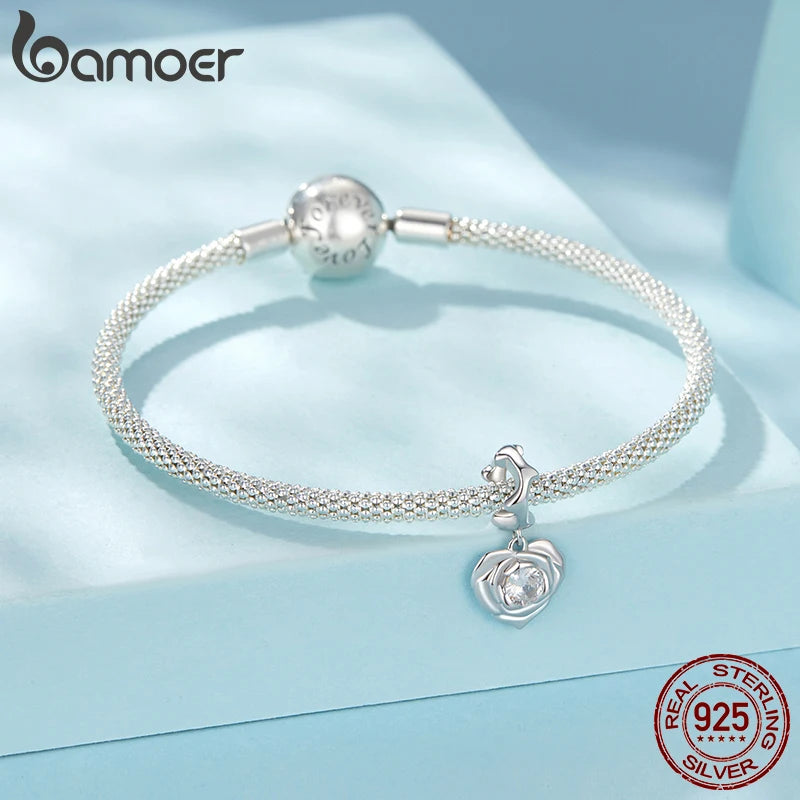BAMOER Solid 925 Sterling Silver Rose Heart Charm Pendant fit Original Bracelet DIY Jewelry Accessories bamoer Flower Beads