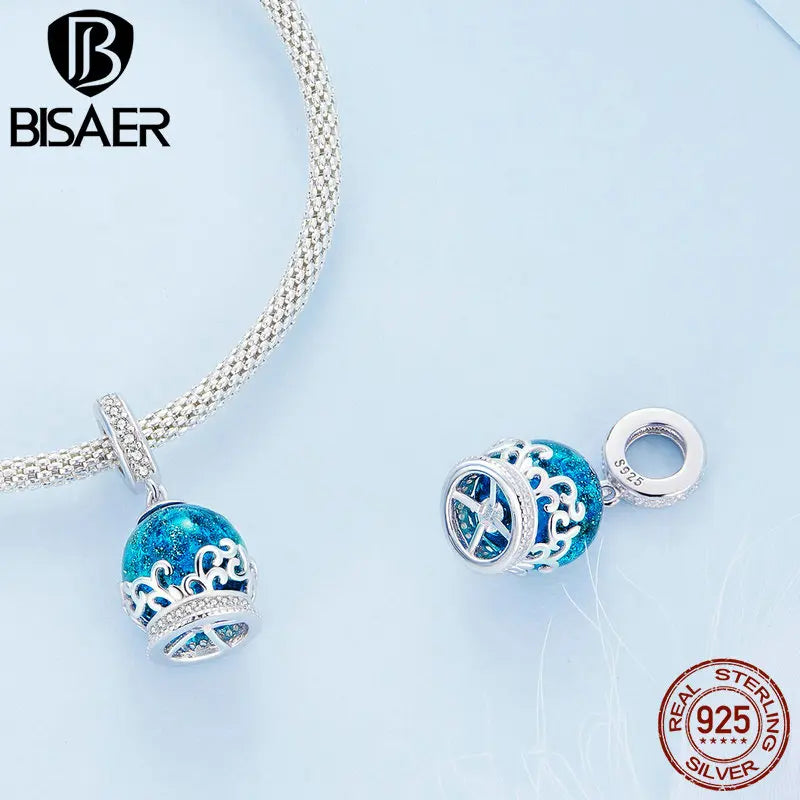 BISAER 925 Argent Sterling Bleu Mer Breloque Perles Géant Bateau Sirène Pendentif Pour Femmes Bracelet Collier Bijoux À Faire Soi-Même Cadeau De Plage