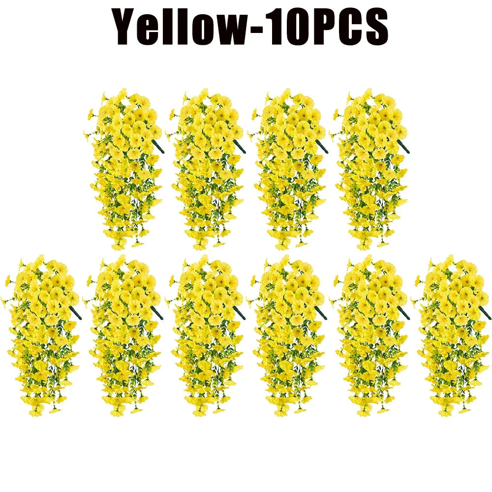 Artificial Hanging Flowers Plants Silk Morning Glory Flowers with Eucalyptus Leaves for Home Garden Porch Window Decoration