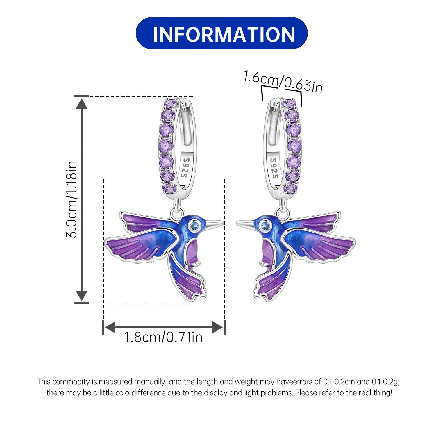 PANPOKI 925 Sterling Silver Blue Purple Bird Drop Earrings Women Earrings Charm Fashion Birthday Party Jewelry Fine Gift Aretes