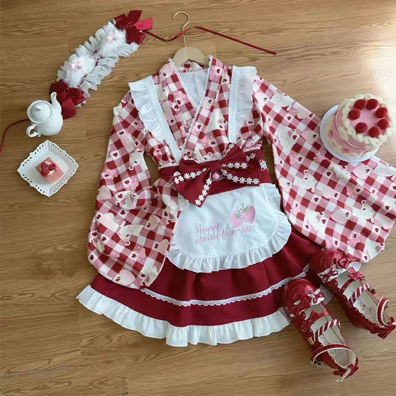 Japanese Sweet Lolita Kimono Dress Women Kawaii Strawberry Cat Print Bow Apron Maid Cosplay Costumes Girls Animation Show Dress