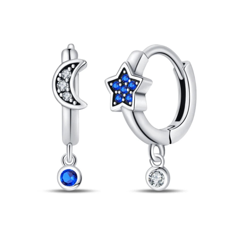 Classic Earrings 925 Silver Zircon Shiny Stars Moon Warm Sun Double Hoop Earrings For Women Original Birthday Party Jewelry Gift