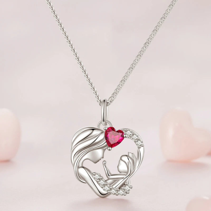 BISAER 925 Sterling Silver Mother & Child Pendant Necklaces Heart Charm Adjustable Chain For Women Mother's Day Birthday Jewelry
