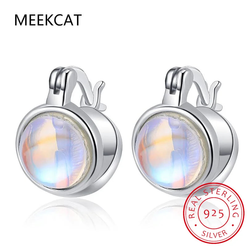 925 Sterling Silver Round Moonstone Ear Buckles Double Layer Circle Hoop Earring Aretes for Women Fine Jewelry Birthday Gift