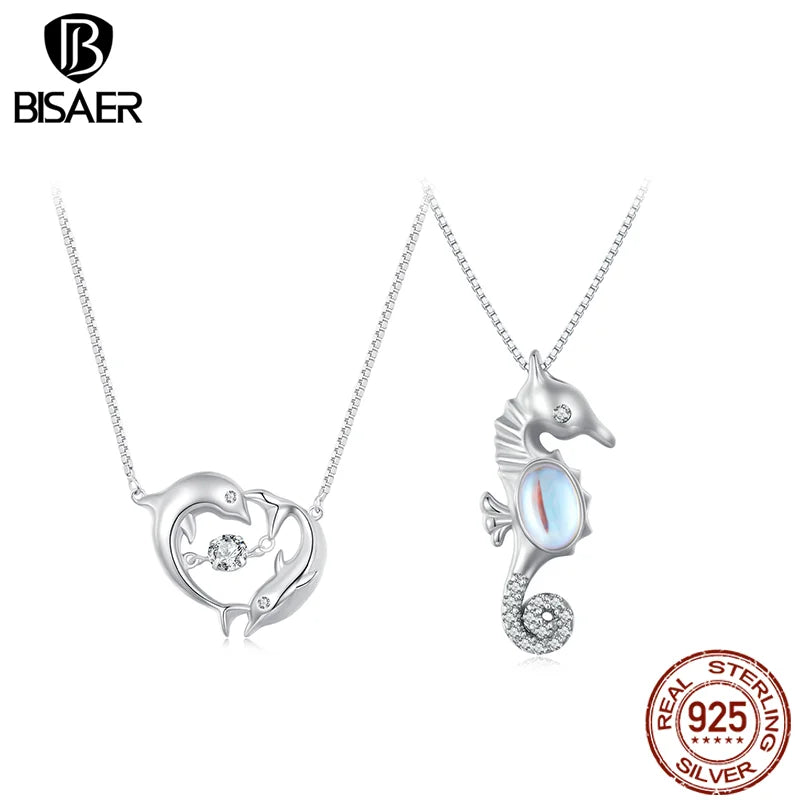 BISAER 925 Sterling Silver Seahorse Necklace Pendant Moonstone Adjustable Chain Plated Platinum Women Party Fine Jewelry EFN332
