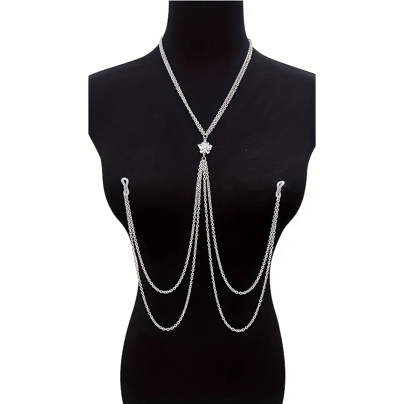 A Silvery Stainless Steel Body Chain With A Sexy Nipple Ring And Chain, A Fake Nipple Ring, Ladies' Jewelry.