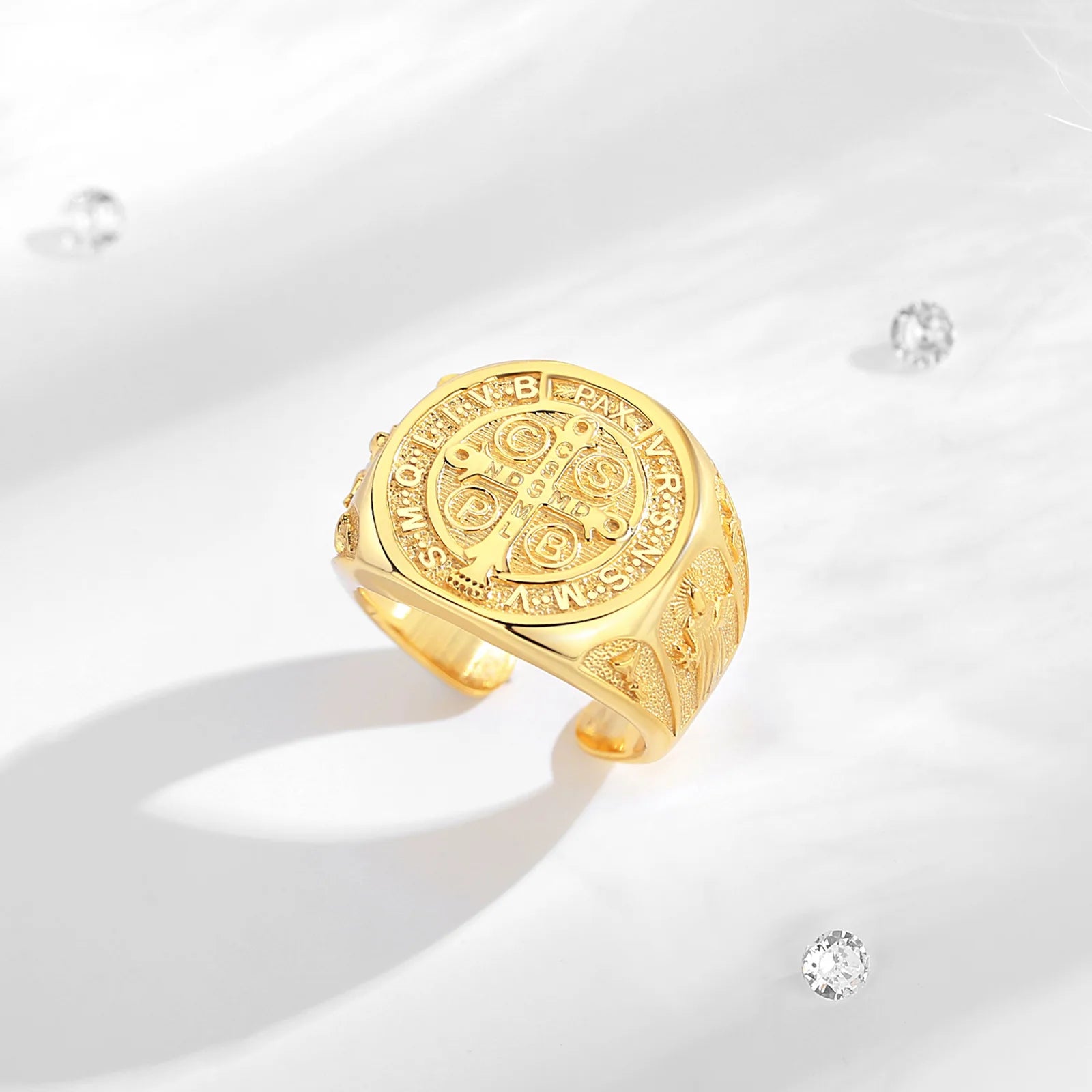 Eudora 925 Sterling Silver Saint Benedict Medal Adjustable Ring 18K Gold San Benedict Cross Amulet Ring Religious Jewelry Gift