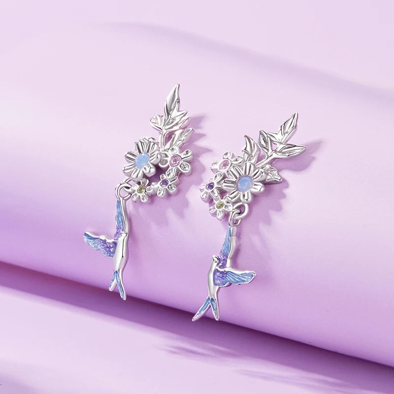 WOSTU 925 Sterling Silver Purple Flower & bird Stud Earrings For Women Spring Jewelry Gift For Family Daughter Girl Mom CQE1863
