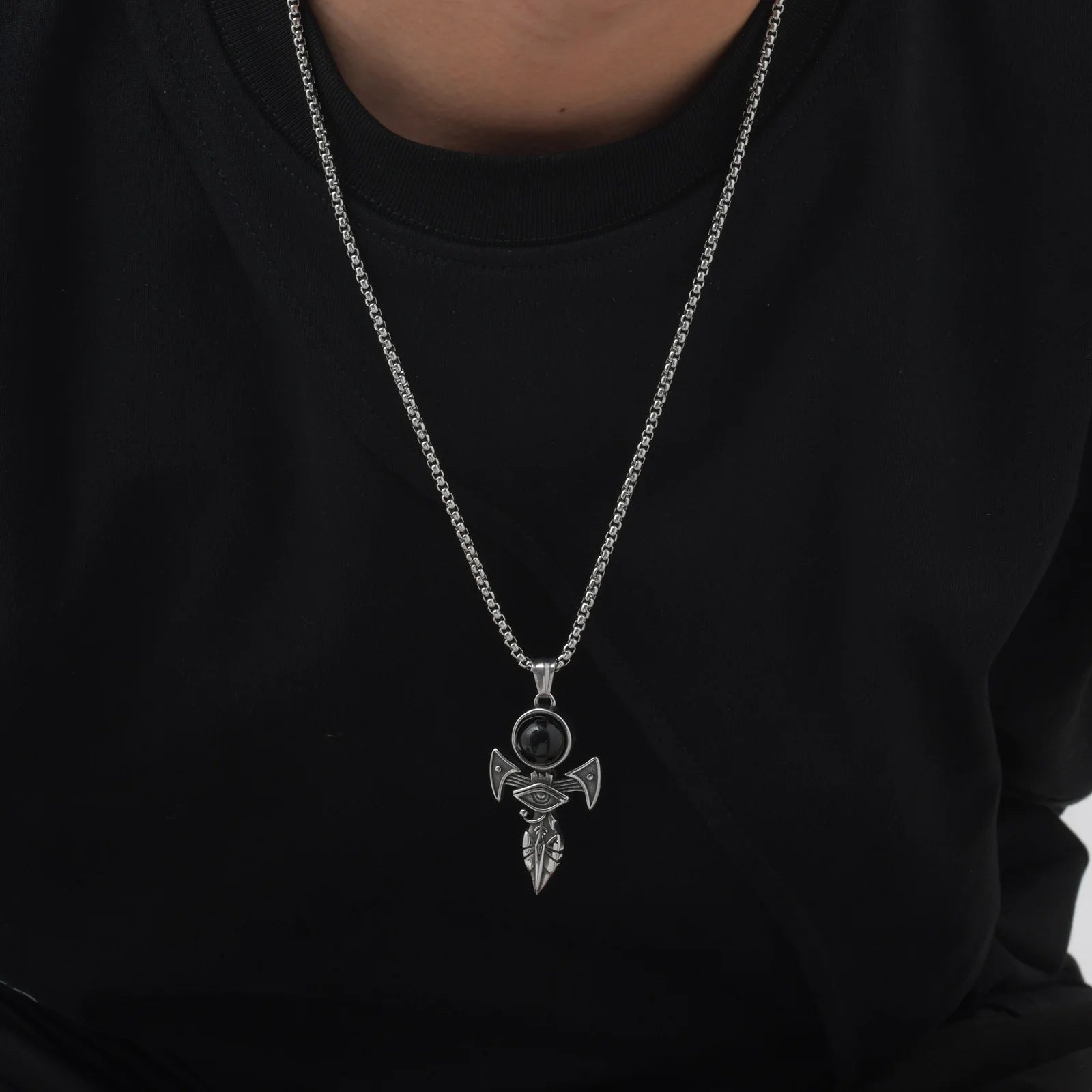 Vnox Gothic Herus Eye Pendant Necklaces, Mens Ankh Cross Pendant, Hammer Pendant with Black Agate Stone, Punk Devil Jewelry