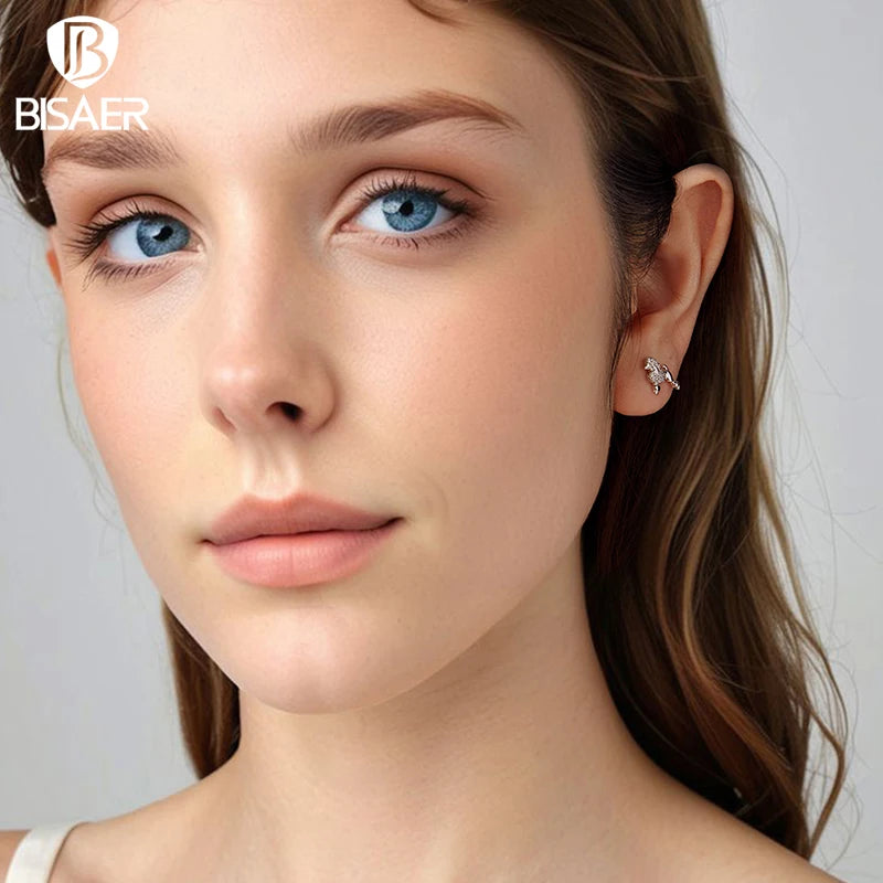 BISAER 925 Sterling Silver Poodle Stud Earrings Pet Dog Earrings Pavé Setting Zircon Plated White Gold for Women Fine Jewelry