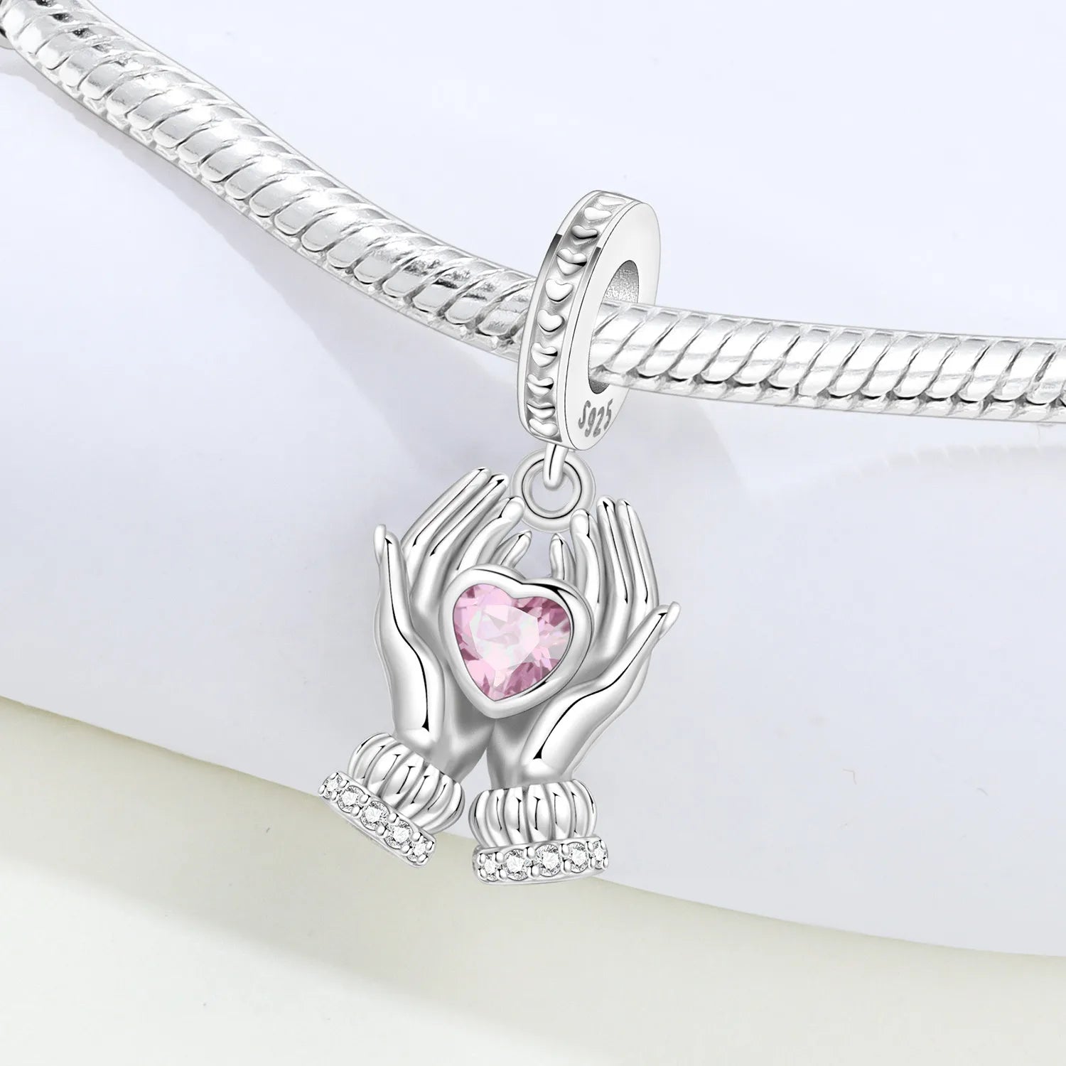 PANPOKI 925 Sterling Silver Pink Zircon Love Series Beads Original Pendants Bracelet Charm Jewelry Party DIY Trendy Gifts