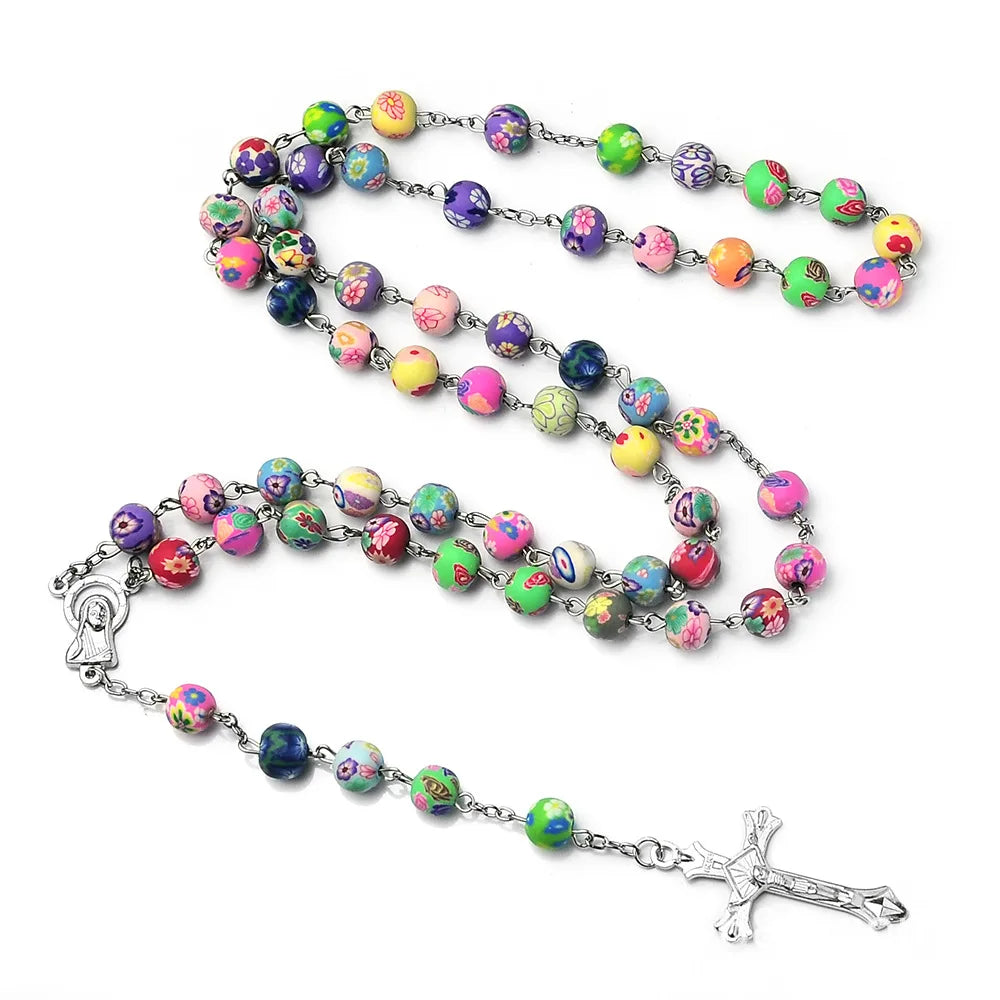 Collier chapelet en perles multicolores en pâte polymère avec pendentif crucifix INRI et chaîne Fimo, bijou religieux féminin