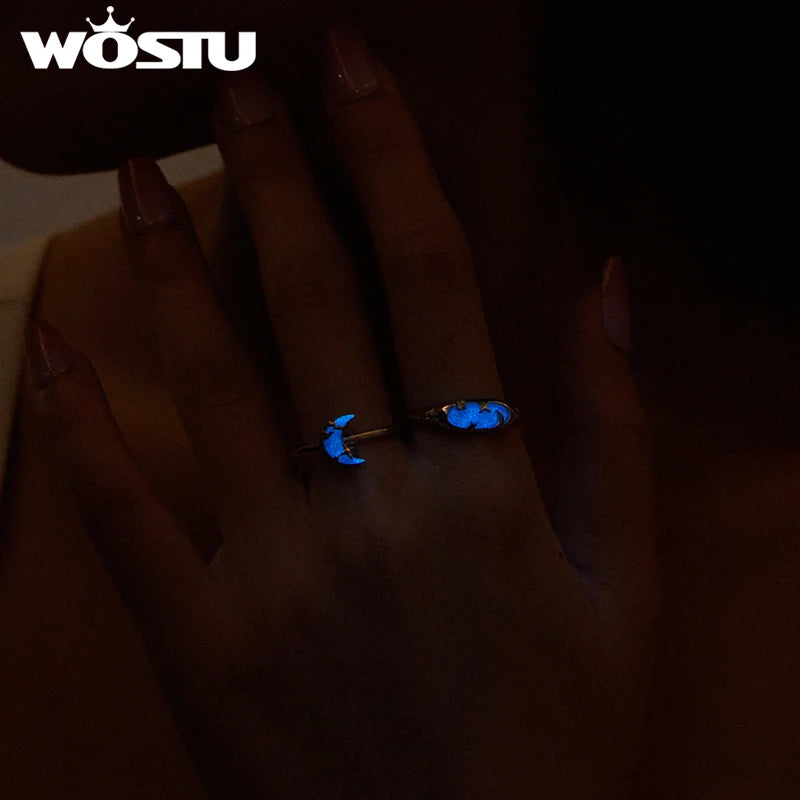 WOSTU 925 Sterling Silver Luminous Ring, Glow in The Dark Moon Star Ring for Women, Star Moon Minimalist Astronogy Lover Gift