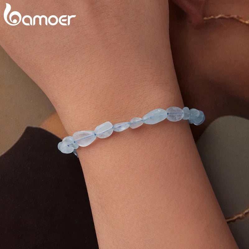 BAMOER 925 Sterling Silver Blue Crystal Bracelet Handmade Gem Beads Adjustable Dainty Wrist Chain Girls Sweet Gift Fine Jewelry