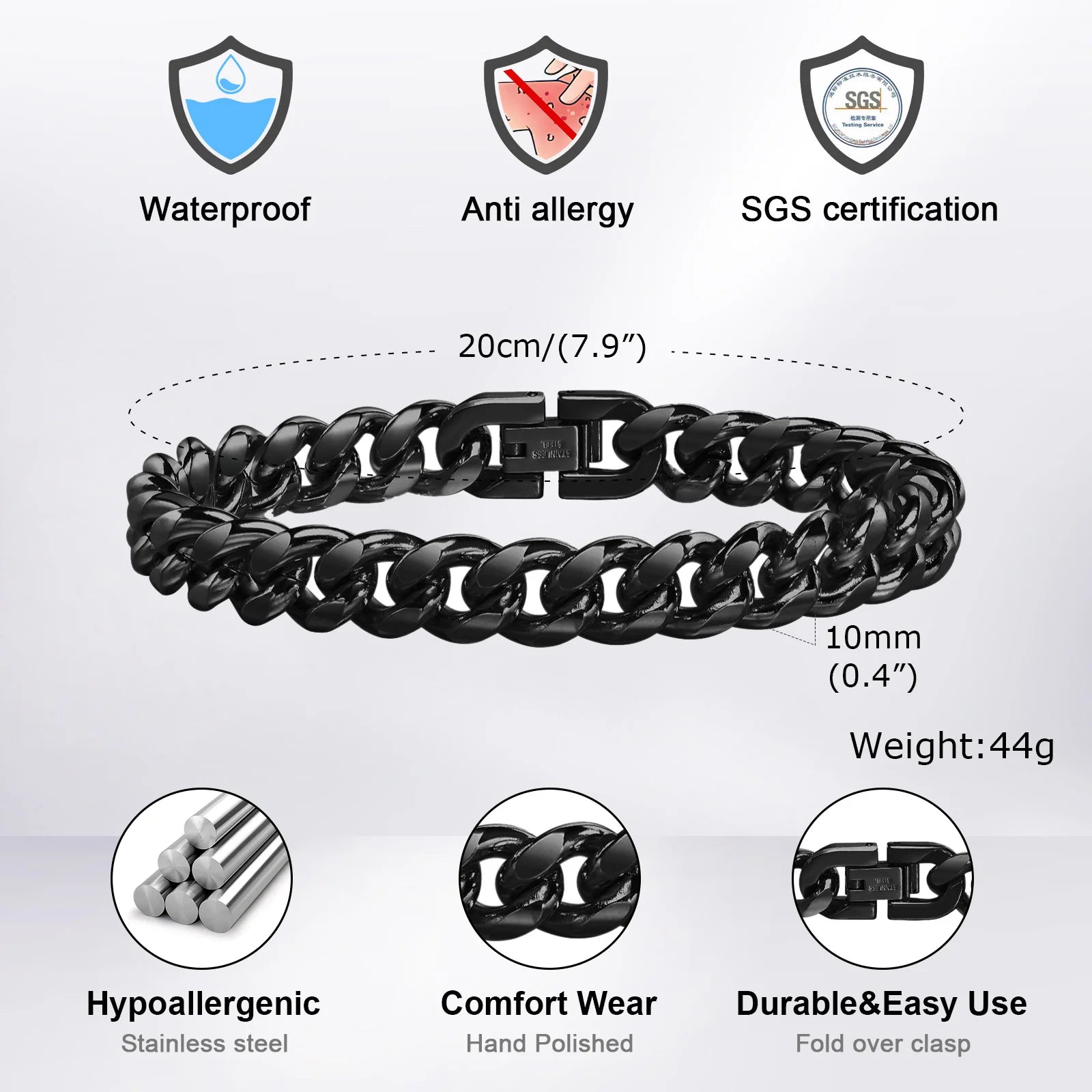 Bracelets à chaîne cubaine audacieux Vnox 8 mm/10 mm pour hommes, bracelet à maillons gourmette Miami en acier inoxydable noir, bijoux épais pour garçons