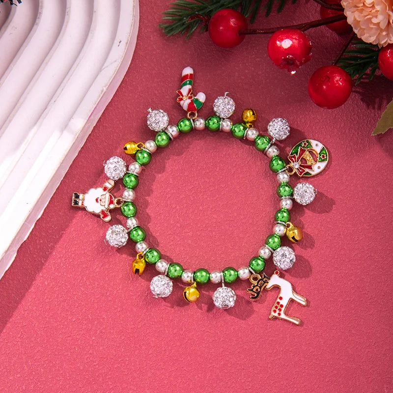 Christmas Multicolor Beads Beaded Bracelet For Women Shiny Crystal Zircon Elk Bell Star Imitation Pearl Bangle New Year Jewelry