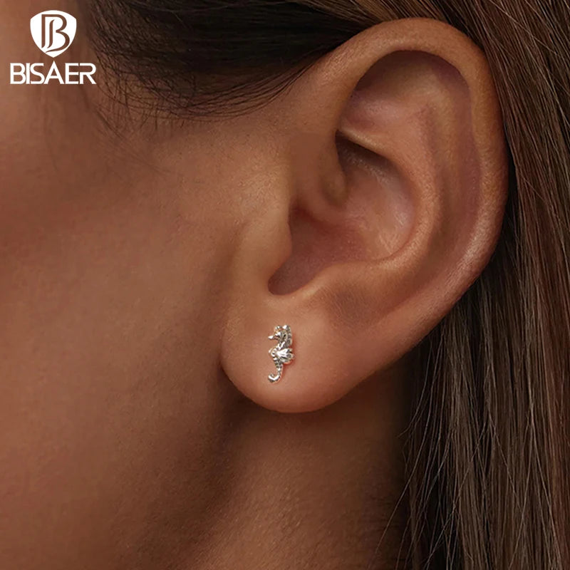 BISAER 925 Sterling Silver Mini Seahorse Stud Earrings Marine Animals Stud Ear for Women & Girls Party Fine Jewelry Holiday Gift