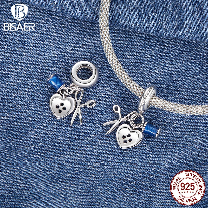 BISAER 925 Sterling Silver Bee Button Charm Bead Tailor Set Heart Zipper Denim Pendentif Fit Femme DIY Bracelet Fine Jewelry Gift