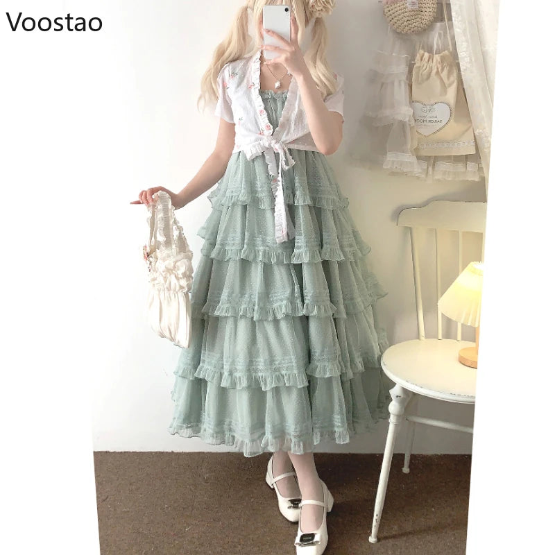 Sweet Elegant Lolita Style Midi Dress Women Kawaii Cute Ruffles Sleeveless Sand Beach Fairy Dresses Female Korean Princess Dress