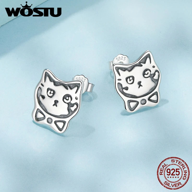 WOSTU Real 925 Sterling Silver Bowtie Cat Stud Earrings for Women Graffiti Cat Ear Studs Lovely Pet lover Faimly Jewelry Gift
