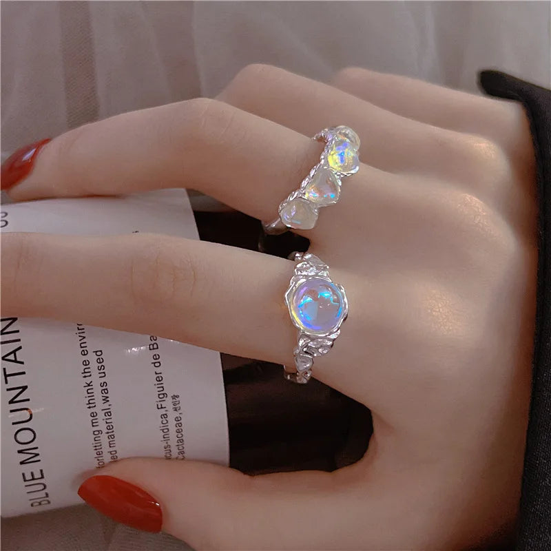 Creative Unique Lines Ring For Women Moonstone Irregular Jewelry Finger Adjustable Open Vintage Ring For Party Birthday Gifts
