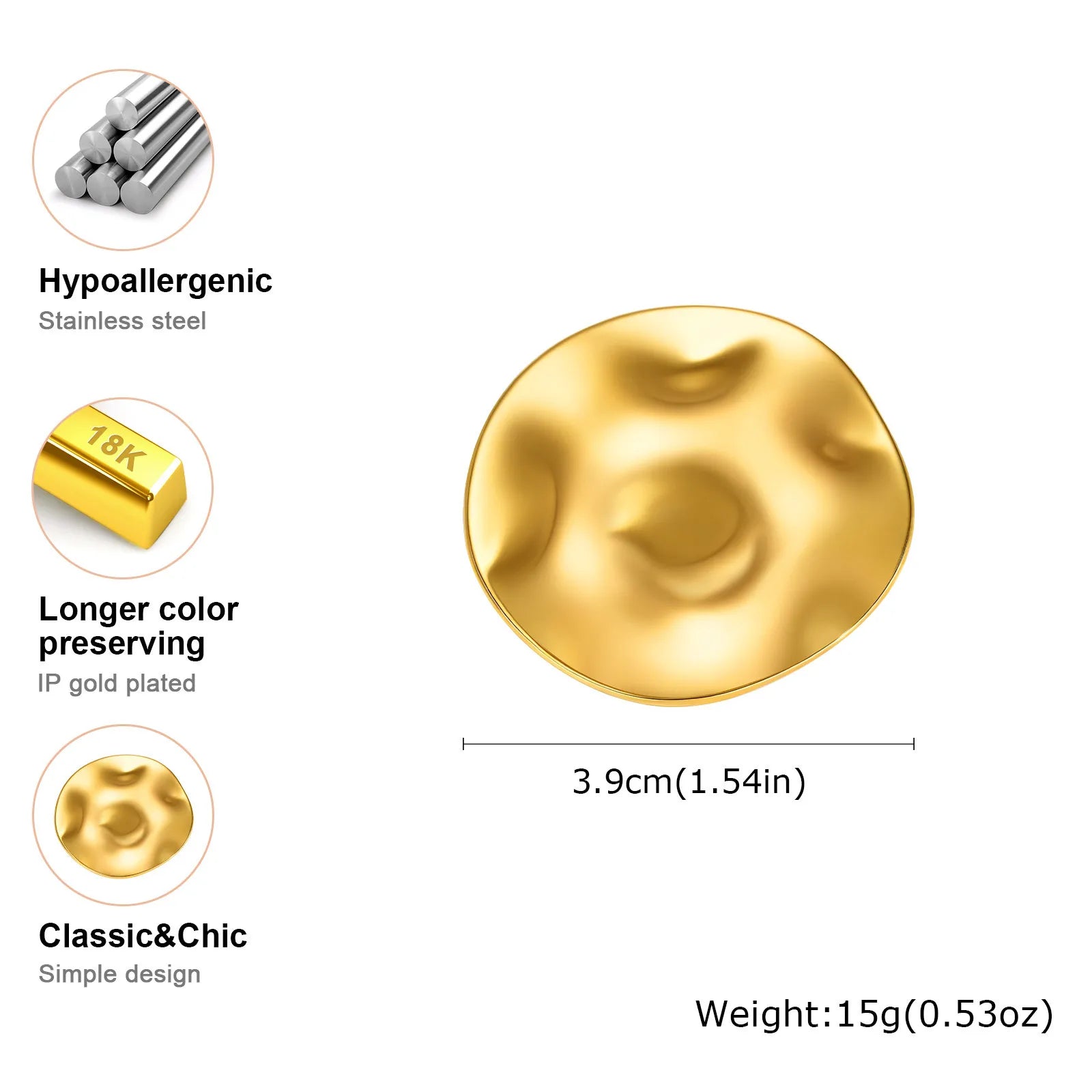 Vnox Irregular Round Textured Broochs For Women Girl Stainless Steel Gold Color Exaggerate Brooch Trendy Daily Jewelry Gift