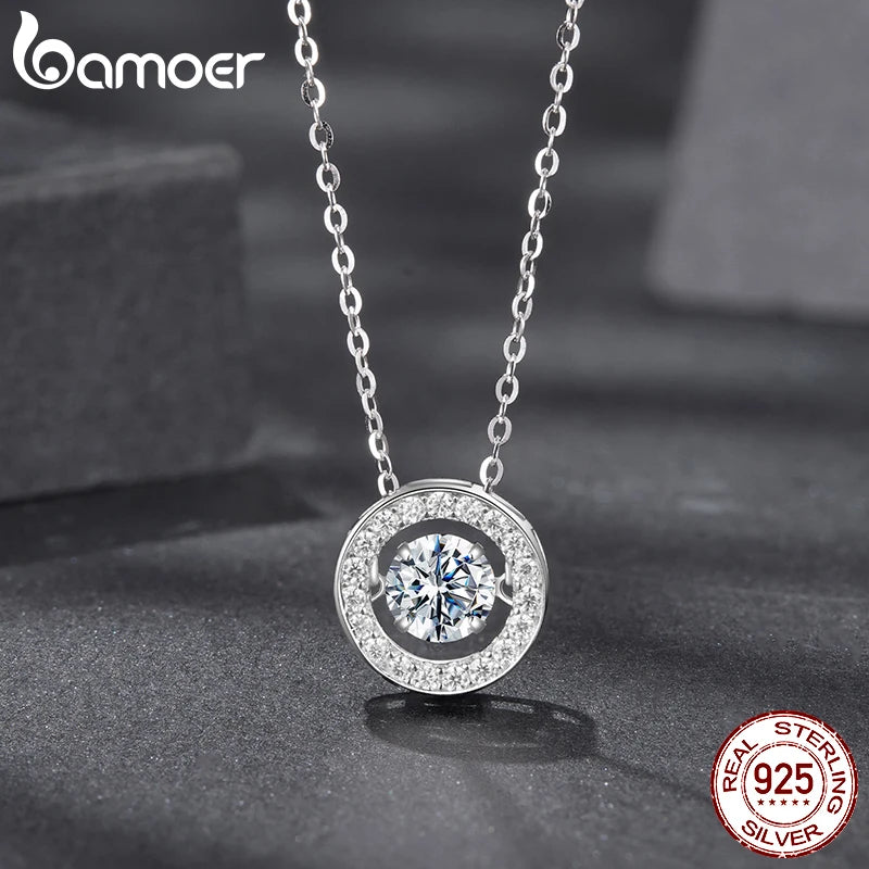 BAMOER 0.5CT Dancing Moissanite Necklace 925 Sterling Silver Halo Round Pendant Link Necklace for Women Wedding Jewellry Gift