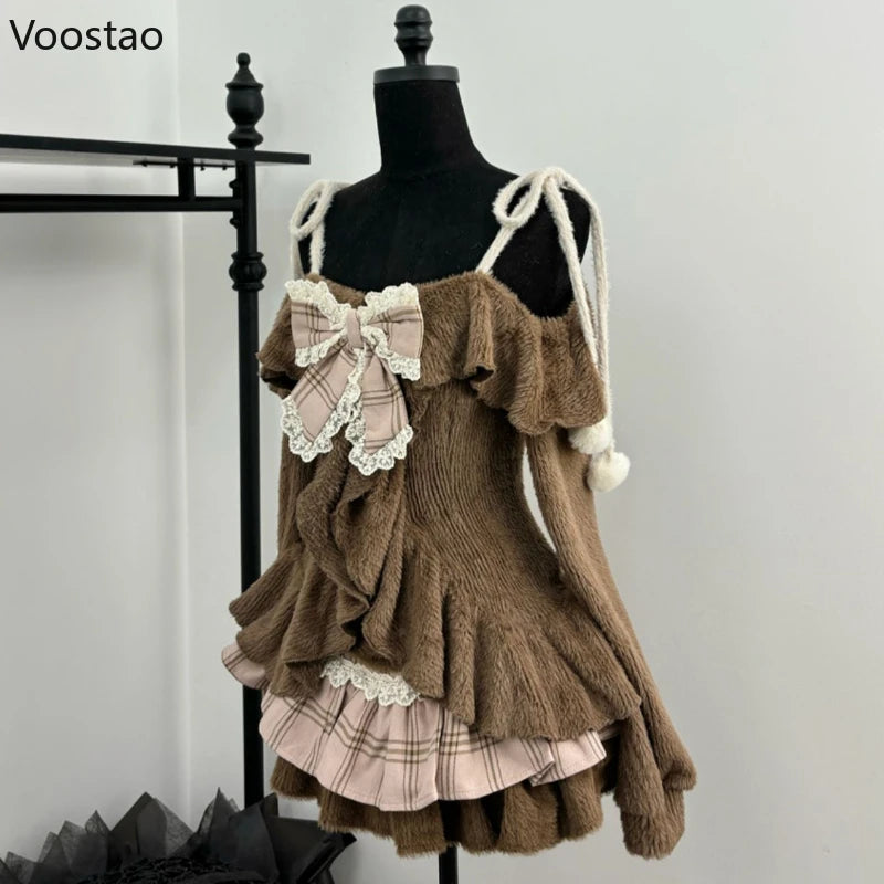 Vintage Sweet Lolita 2 Piece Sets Women Japanese Off Shoulder Bow Blouse Tops Plaid Cake Mini Skirt Suit Girls Cute Y2k Outfits