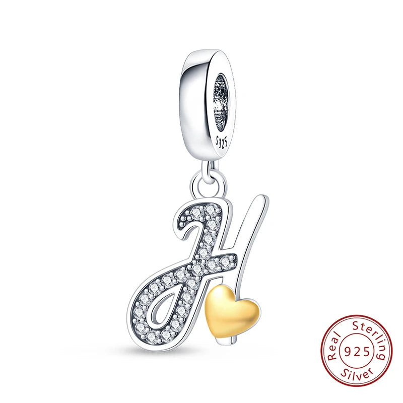 Classic 925 Sterling Silver 26 Gold Color Heart Zircon Letter A-Z Charms Beads Fit Original Bracelets DIY Birthday Jewelry Gift