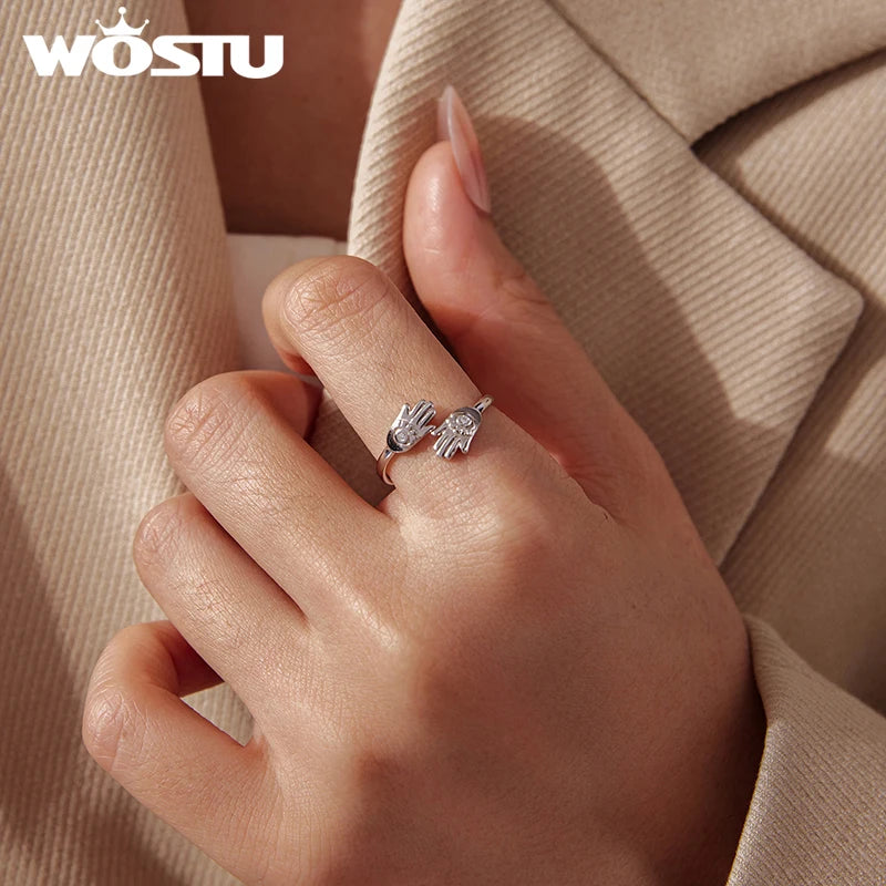 WOSTU Unique Evil Eye Hamsa Hand Open Ring For Women, 925 Sterling Silver Protection Guard Rings Daily Party Bohemia Jewelry